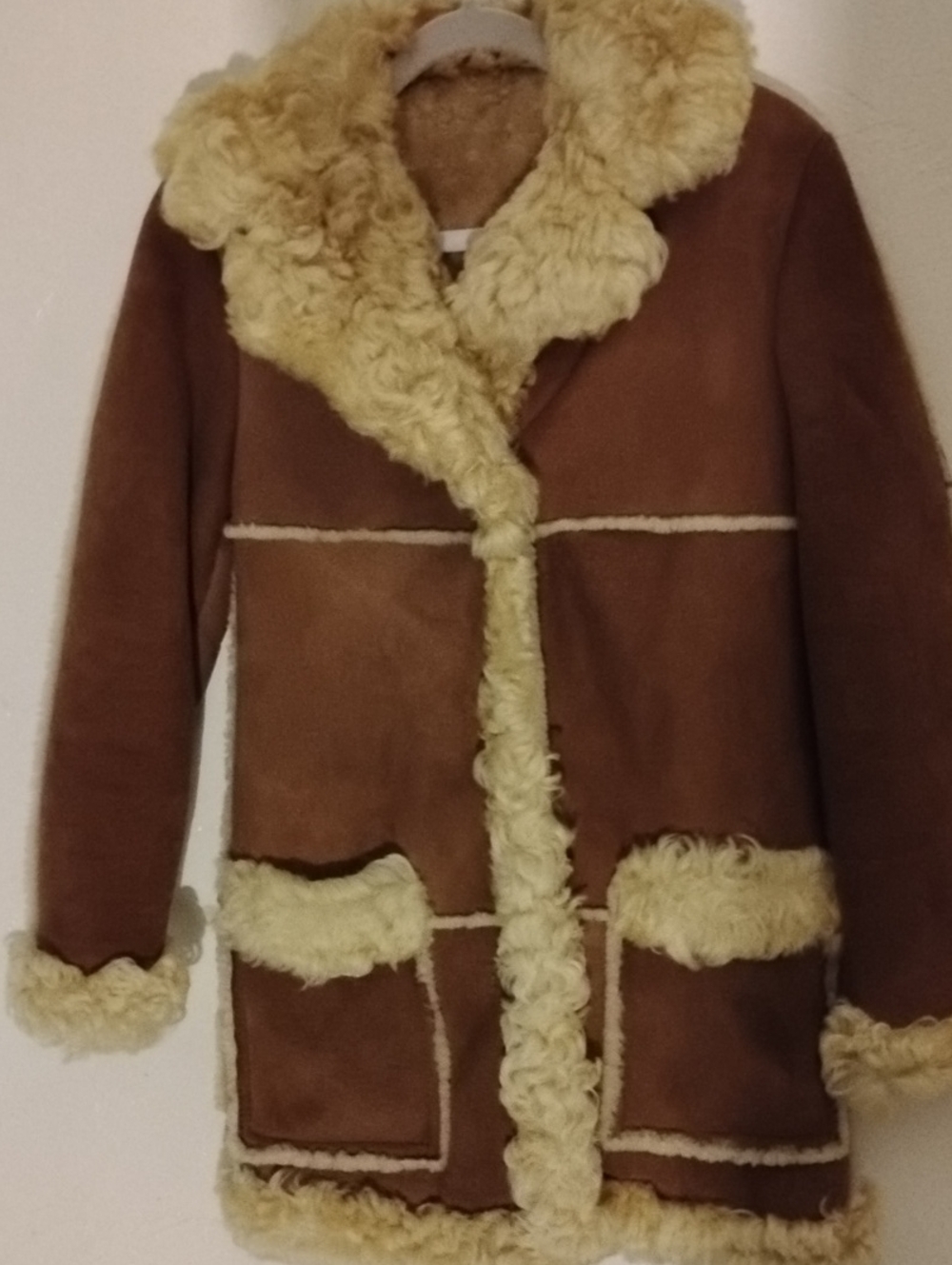Sawyer California Vintage Shearling Curly Lamb Trim Brown Womens Coat Sz 8
